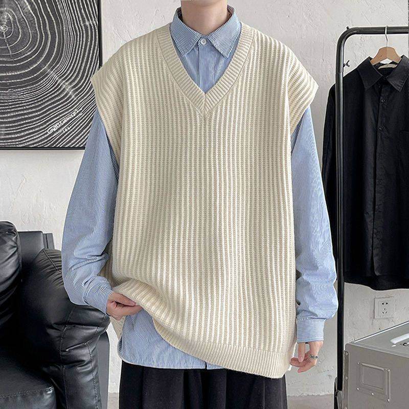 Men's V-neck Sweater Plus Size Vest Knitted Autumn And Winter College Style Waistcoat Vest Coat - Mubimart