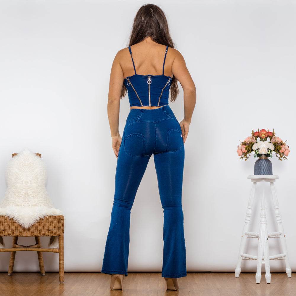 Shascullfites Shaper Set Bodysuit Zipper Push Up Top Dark Blue Jeans Top High Waist Flare Jeans Women Two Piece Outfits - Mubimart