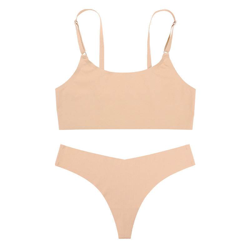 Women Seamless Bra Set Sexy Thong Low Waist Panties Wire Free Bra Bralette Lingerie Brassiere Ice Silk Female Underwear Set - Mubimart