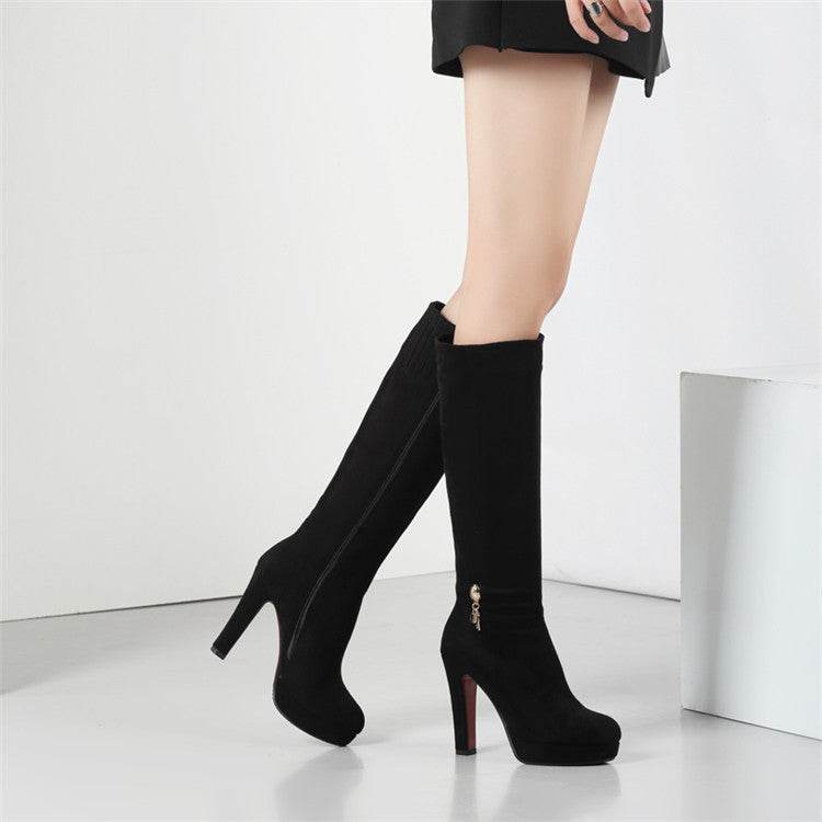 Block Heel Zip Solid Suede Tall Boots - Mubimart