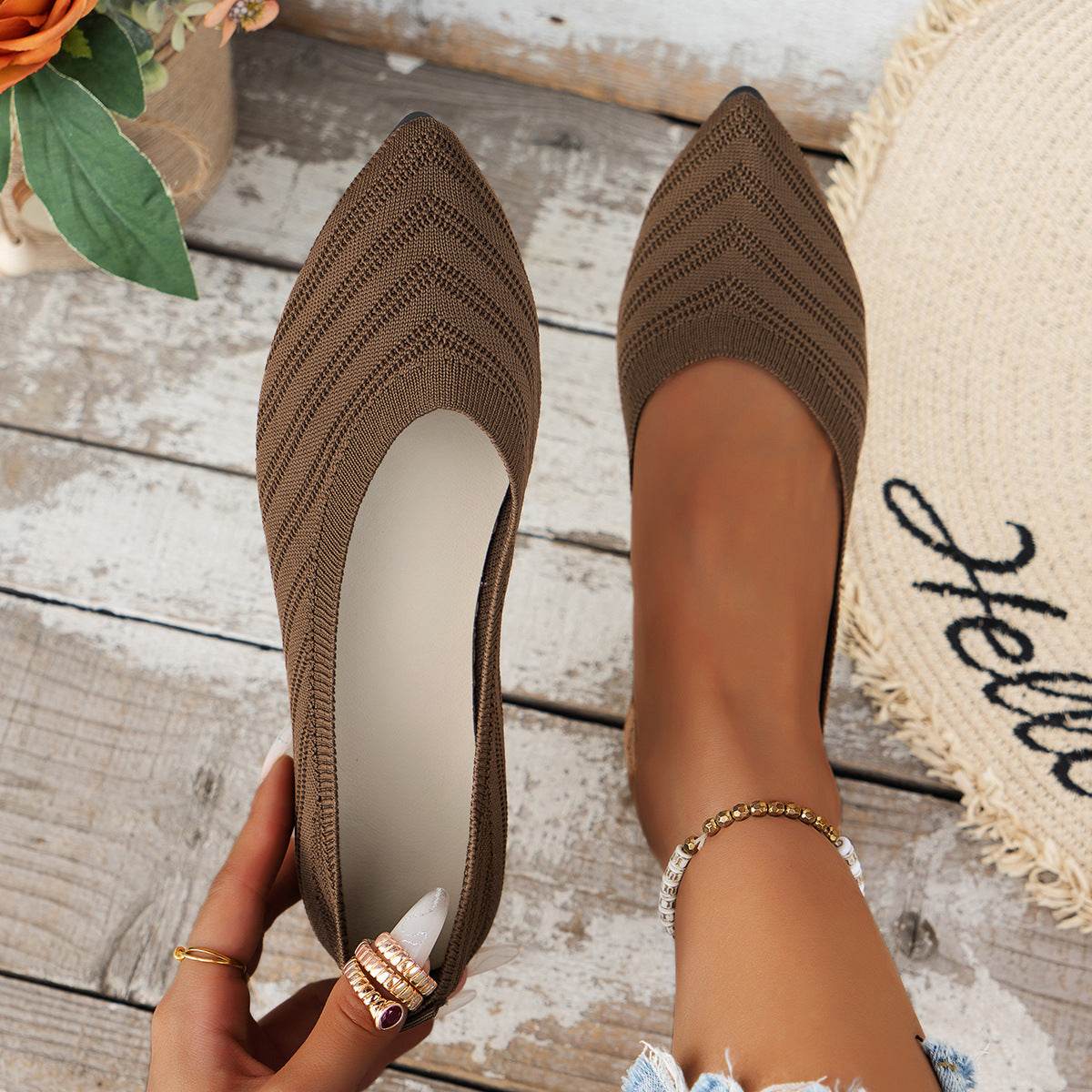 Pointed Toe Bottom Flat Heel Casual Knitted Shoes - Mubimart