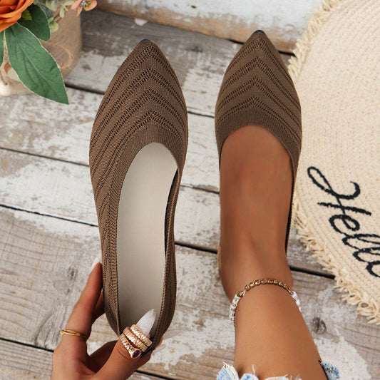 Pointed Toe Bottom Flat Heel Casual Knitted Shoes - Mubimart
