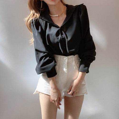 Lapel Single-breasted Loose Casual Lantern Sleeve Shirt Blouse Women - Mubimart