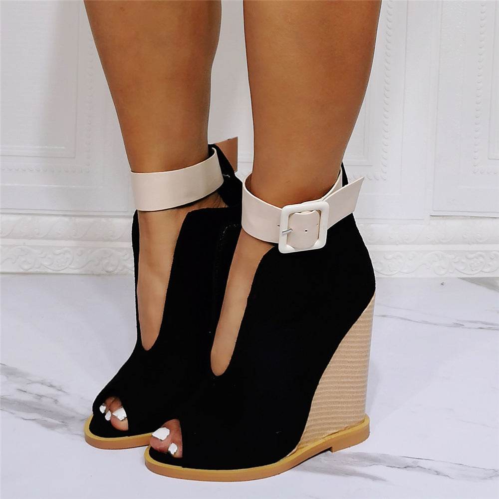 Sexy Wedge Heels With One-line Strappy Roman Heel Sandals - Mubimart