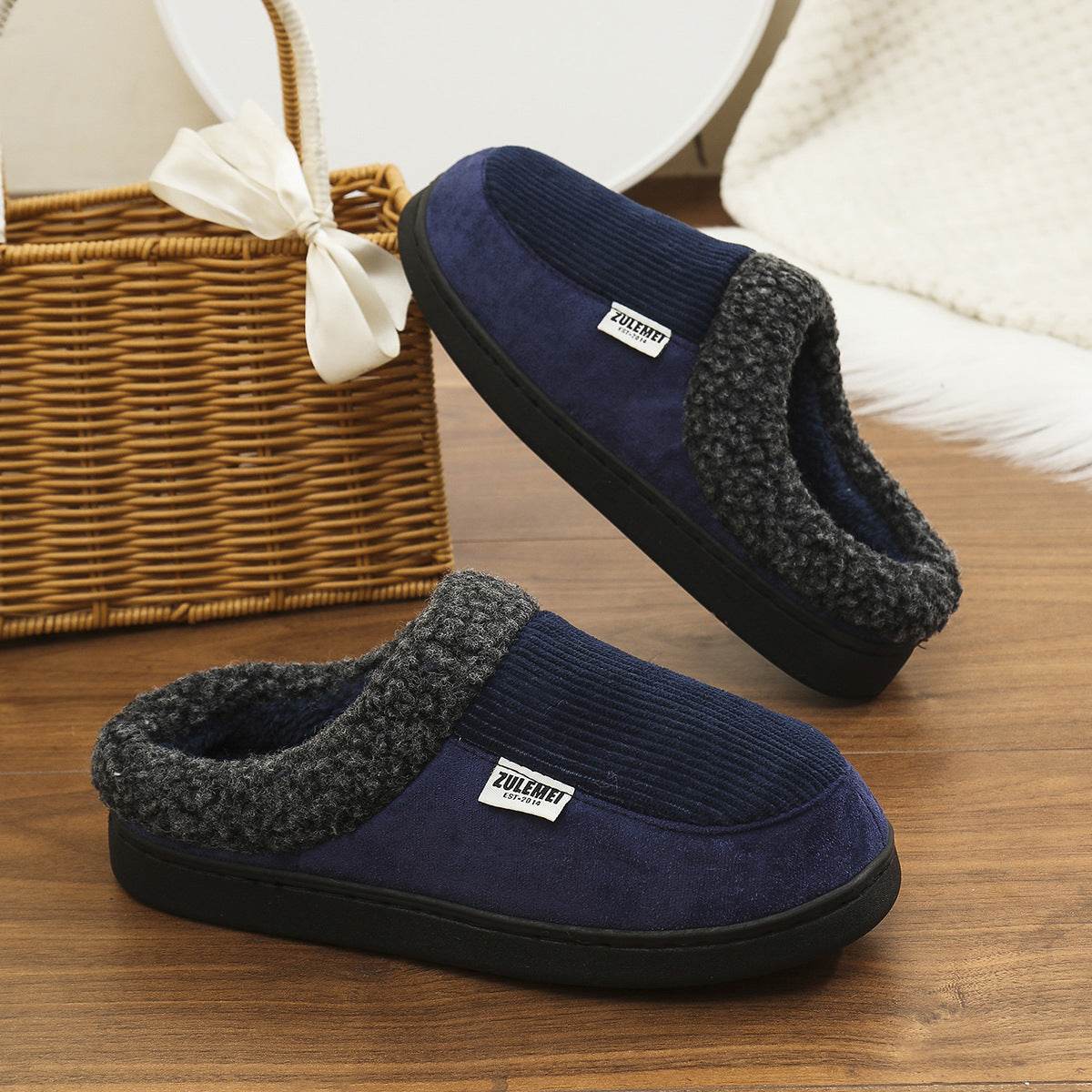 Fashion Solid Striped Cotton Slippers Winter Warm Indoor Bedroom Floor Slipper For Couples Non-slip Thick Sole House Shoes - Mubimart
