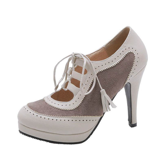 Spring And Autumn Women's Shoes Nubuck Leather Waterproof Lace-up High Heels - Mubimart