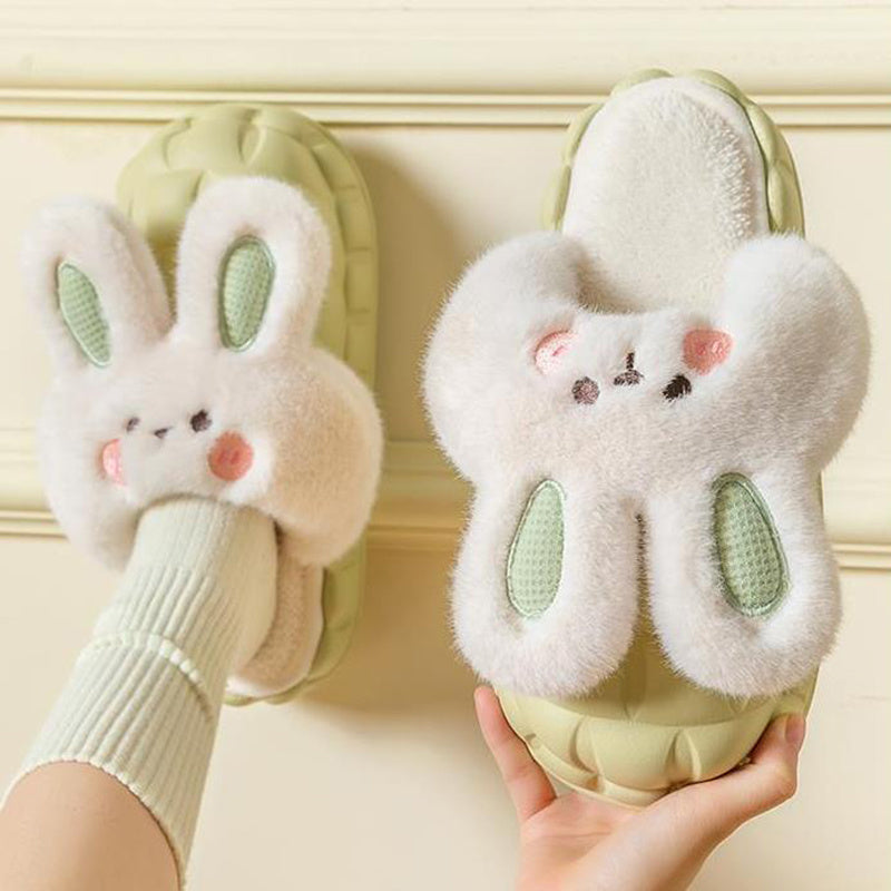 Cute Rabbit Shoes Winter Fuzzy Slippers Women Detachable Washable House Shoes - Mubimart -  