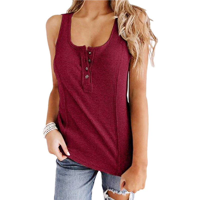 Solid Color Button Sleeveless Tank Top T Shirt Women - Mubimart -  