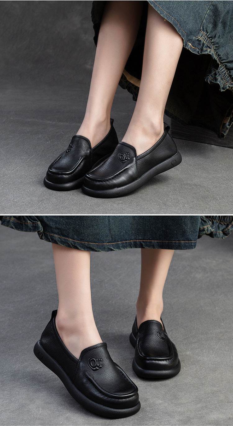 Spring First Layer Cowhide Retro Rub Colored Flat Bottom Comfort Women's Shoes - Mubimart