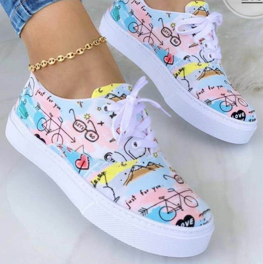 Lace-up Flats Shoes Print Canvas Fashion Walking Sneakers Women - Mubimart