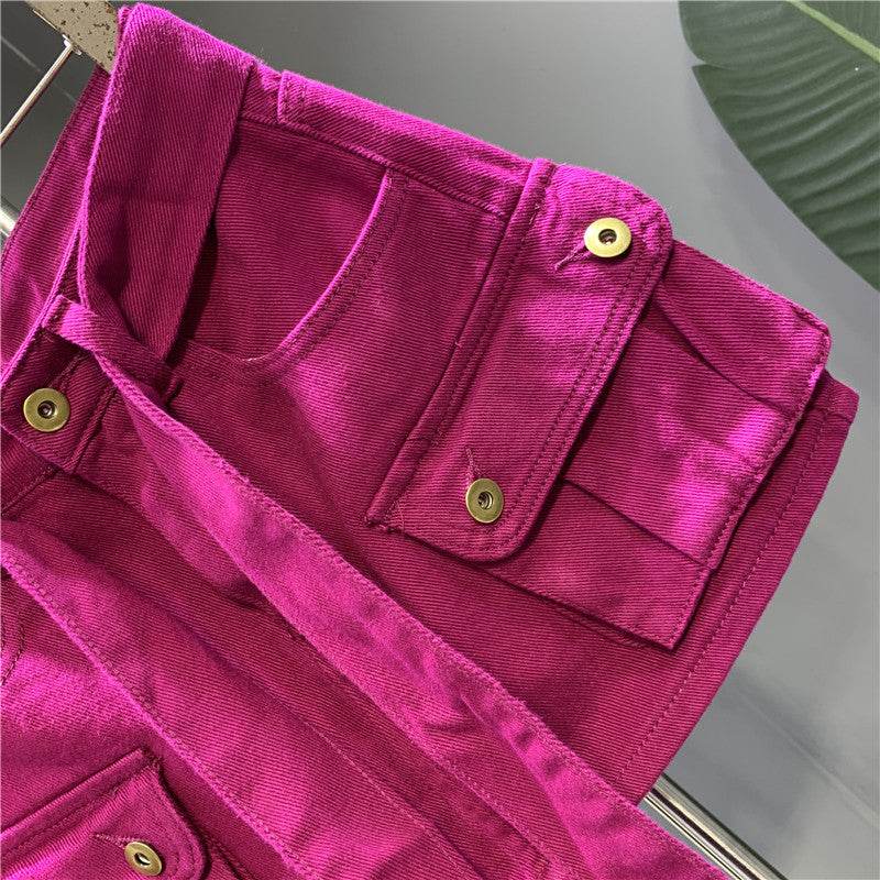 Women's Flamingo Color Denim Work Dress Short Skirt - Mubimart