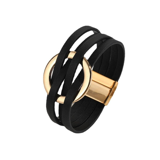 Cross Leather Women Bracelet Metal Big Ring Cuff Bangle Multi-layer Wristband Magnetic Snap Bangle - Mubimart