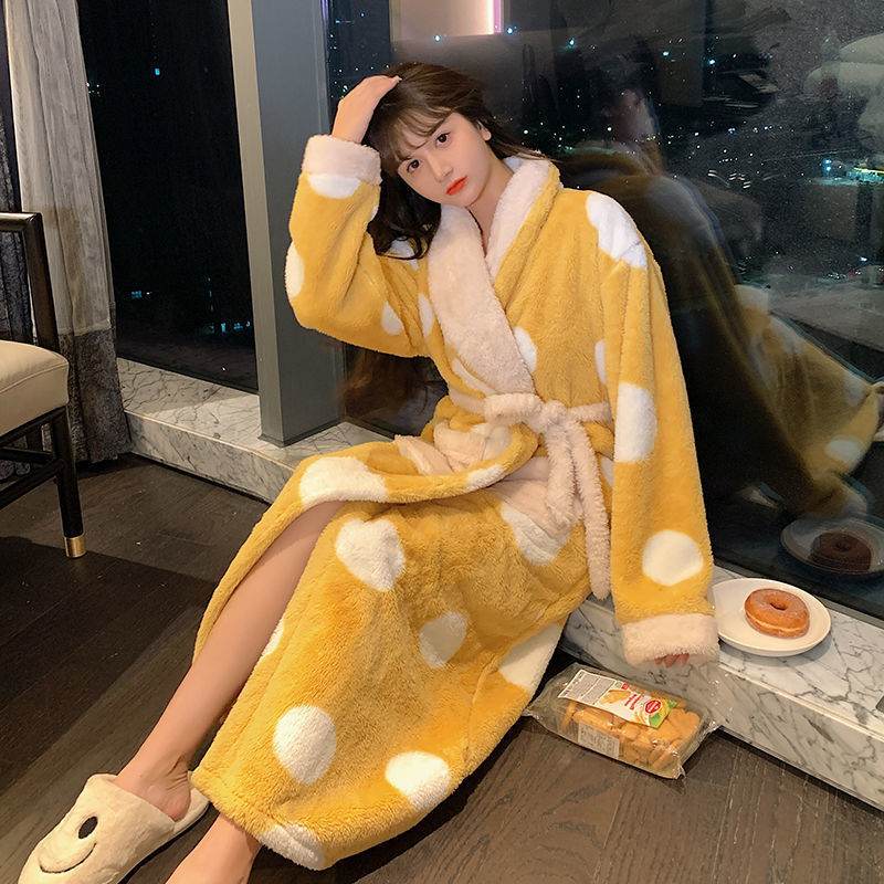 Winter Nightgown Women Coral Fleece Plus Velvet Thick Bathrobe Cute - Mubimart