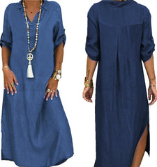 Solid Color Plus Size Dress With V-neck Denim Dress - Mubimart -  