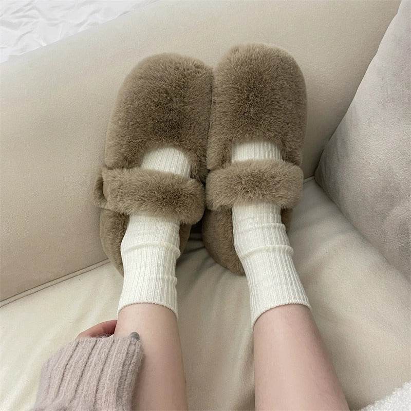 Mary Jane Fluffy Shoes Women's Winter Outerwear Flats - Mubimart
