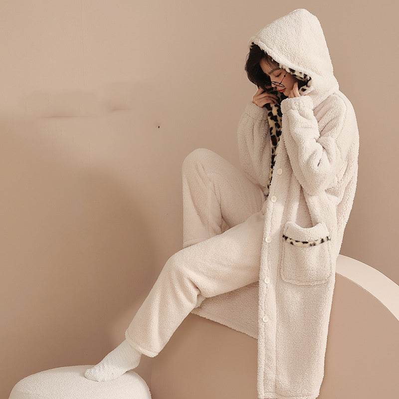 Korean Hooded Warm Female Long Robe Pajamas Plus Velvet - Mubimart