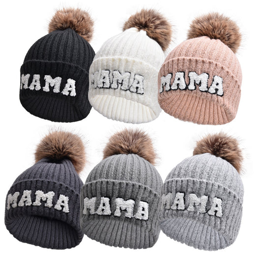 Letter MAMA Woolen Cap Outdoor Fur Ball Warm Hat