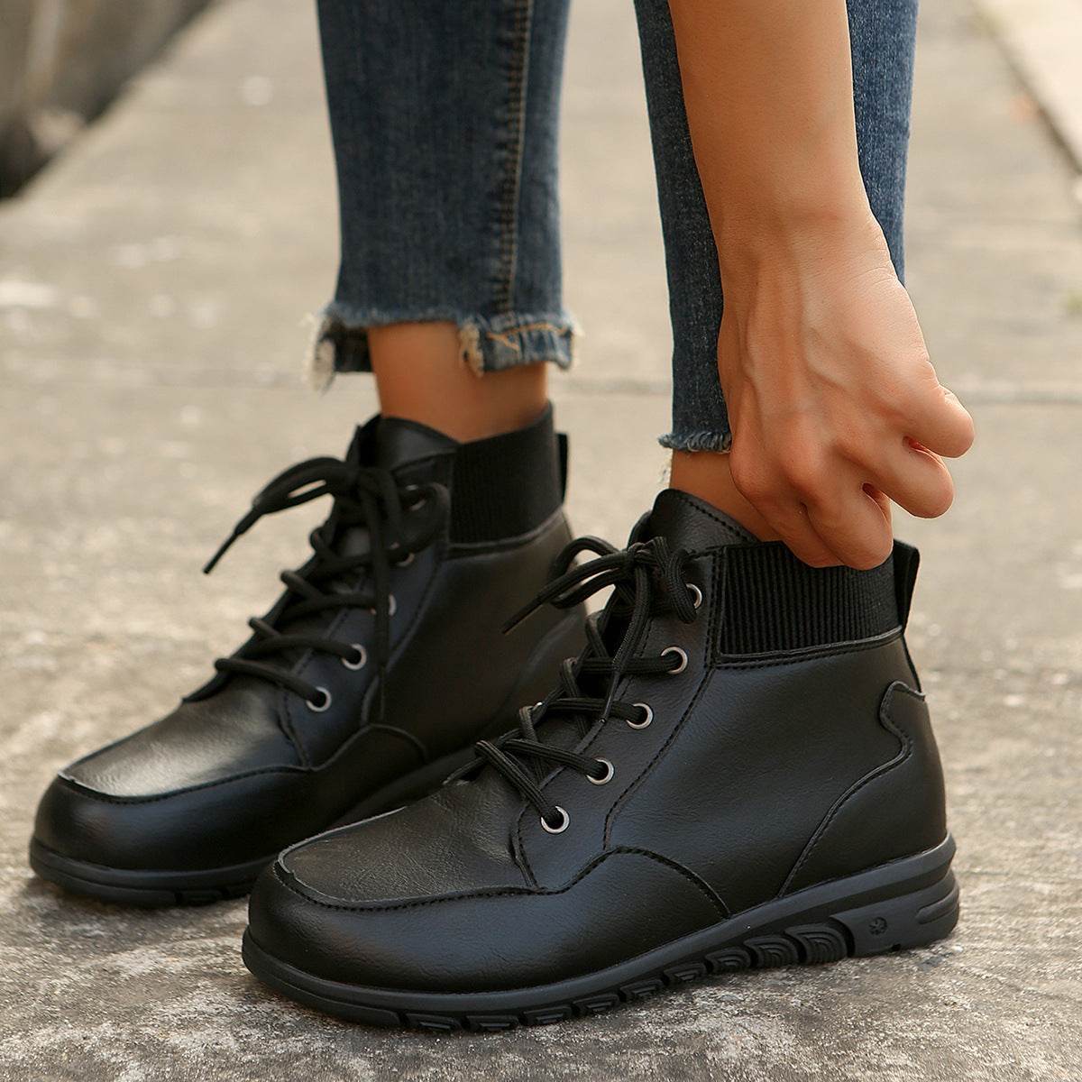 Round Toe Lace-up Ankle Boots Fall Winter Fashion Versatile Non-slip Flat Shoes Retro Western Cowboy Ankle Boot For Women - Mubimart