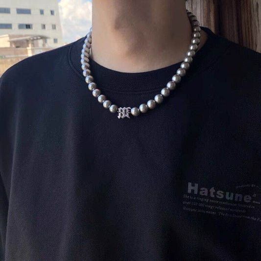 Mens Fashionable And Versatile Gray Pearl Letter Necklace - Mubimart
