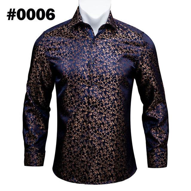 Barry.Wang Teal Paisley Floral Silk Shirts Men Autumn Long Sleeve Casual Flower Shirts For Men Designer Fit Dress Shirt BCY-05 - Mubimart