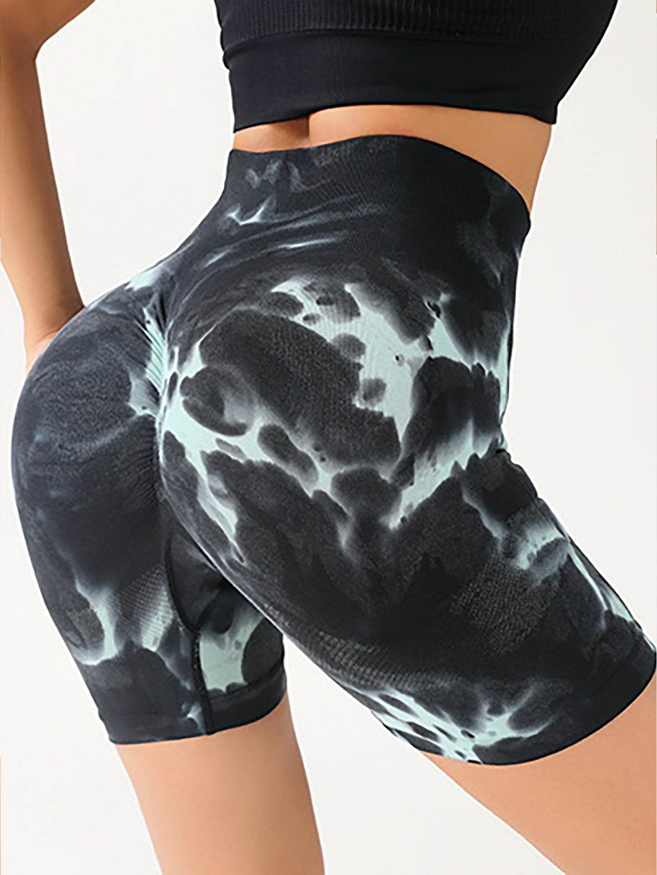 High Waist Tummy Control Yoga Shorts For Women, Tie-Dye Ruched Booty Lifting Workout Fitness Shorts, Hip Lifting Sports Activewear, Gym Exercise Running Shorts - Mubimart
