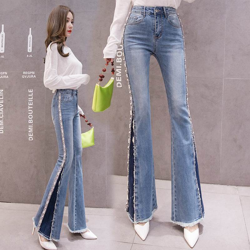 Embroidery Beaded Fashion Flared Pants High Waist Slimming Jeans Women - Mubimart