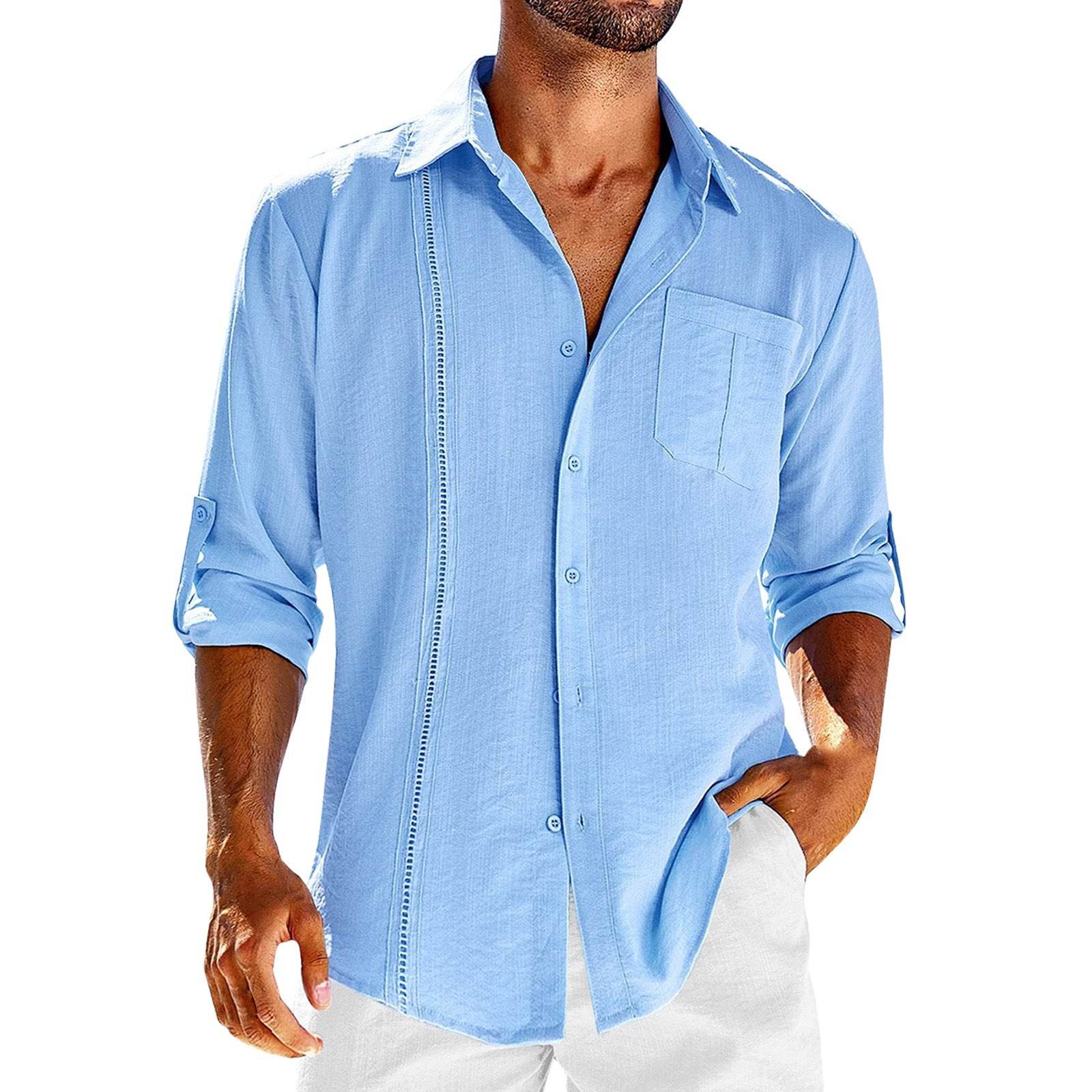 Casual Long Sleeve Shirt With Pocket Lace Polo Collar Solid Color Button Mens Clothing - Mubimart