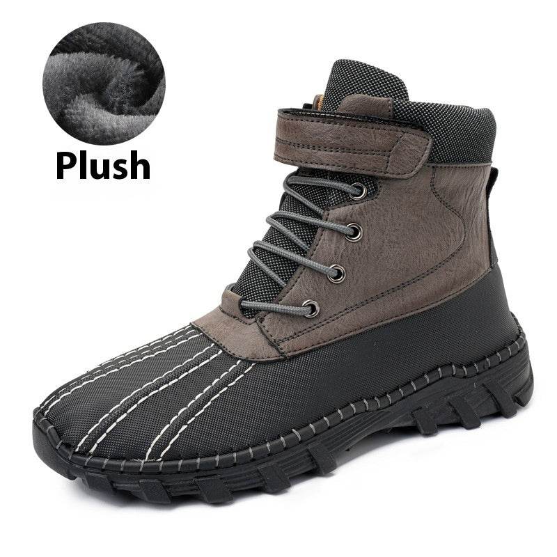 Winter Fleece Lace-up Snow Boots For Men Women Waterproof And Anti-slip Outdoor Work Boot Fashion Warm Mid-tube Cotton Shoes Men - Mubimart