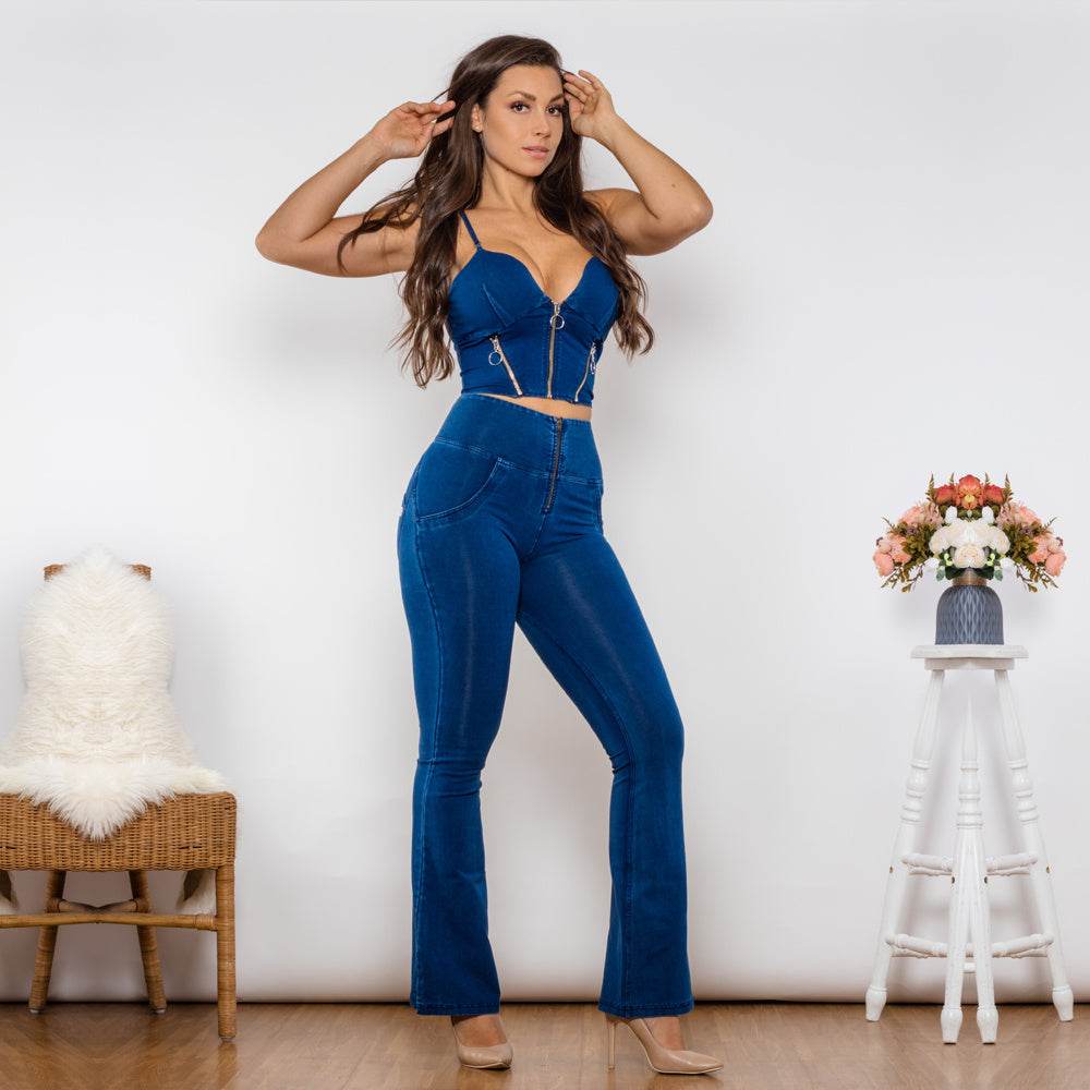 Shascullfites Shaper Set Bodysuit Zipper Push Up Top Dark Blue Jeans Top High Waist Flare Jeans Women Two Piece Outfits - Mubimart