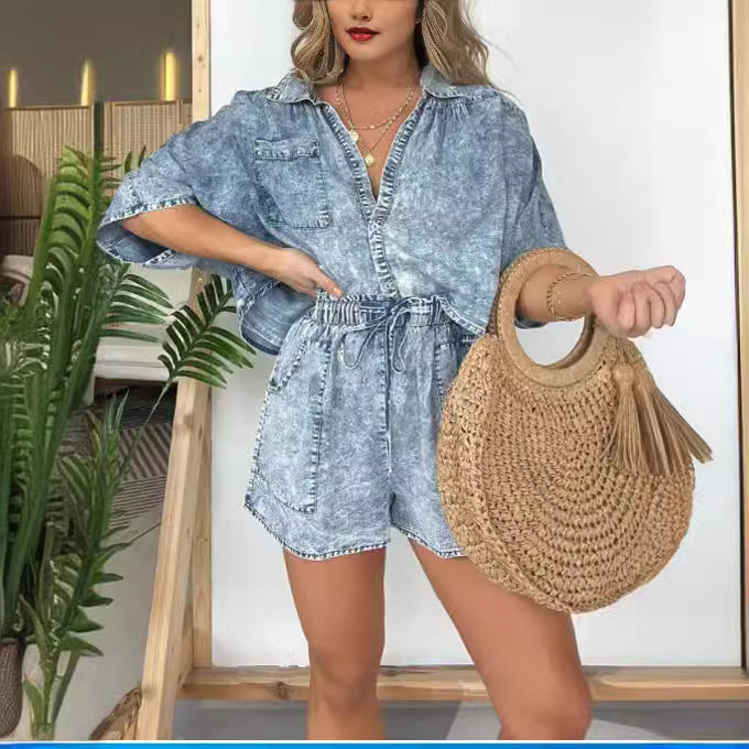 2pcs Loose Denim Suits Summer Casual Bat Sleeve Shirt And Drawstring Shorts With Pockets Women's Set - Mubimart - Pajama Set 