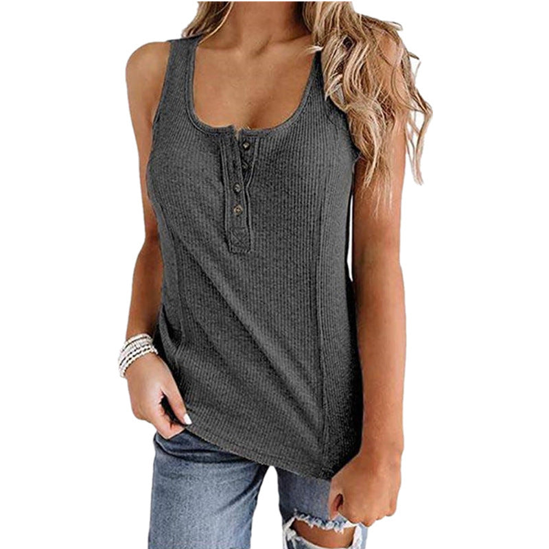 Solid Color Button Sleeveless Tank Top T Shirt Women - Mubimart -  