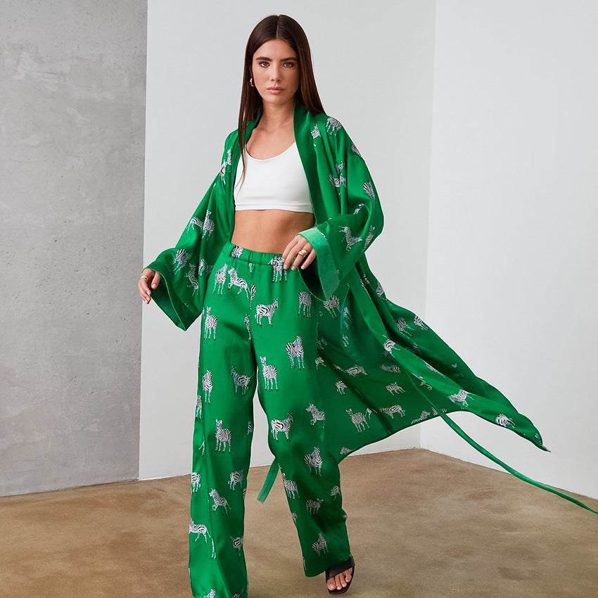 Autumn Print Long-sleeved Plus Long Nightgown Trousers - Mubimart