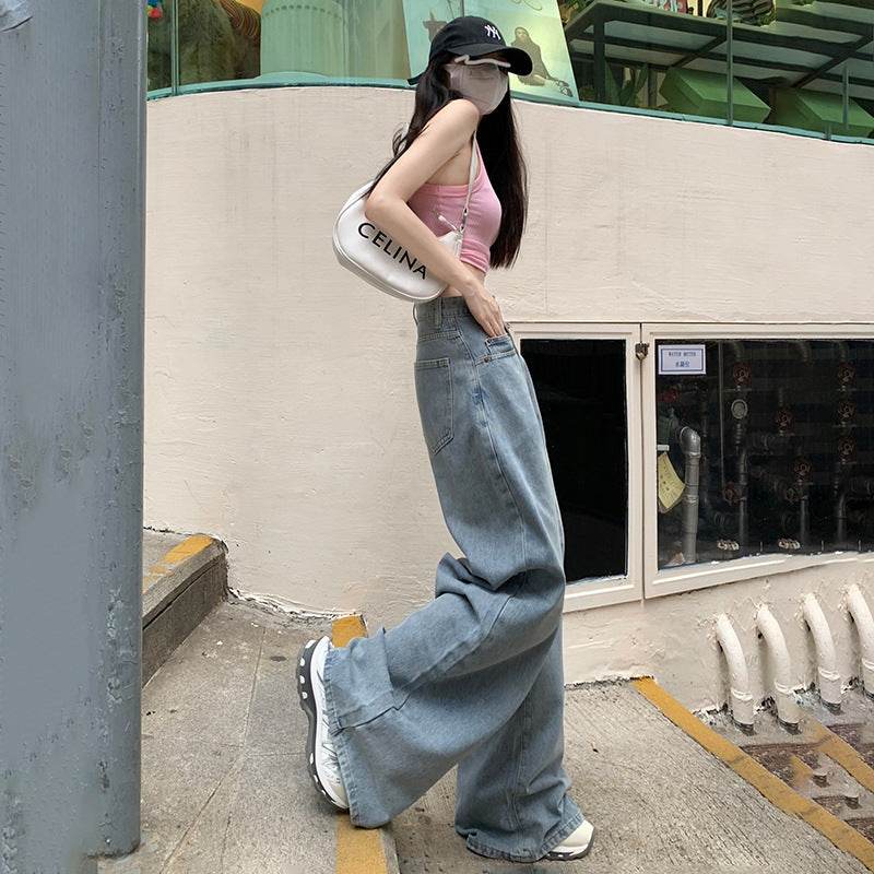 Retro Washed Loose Wide Leg Jeans For Women - Mubimart
