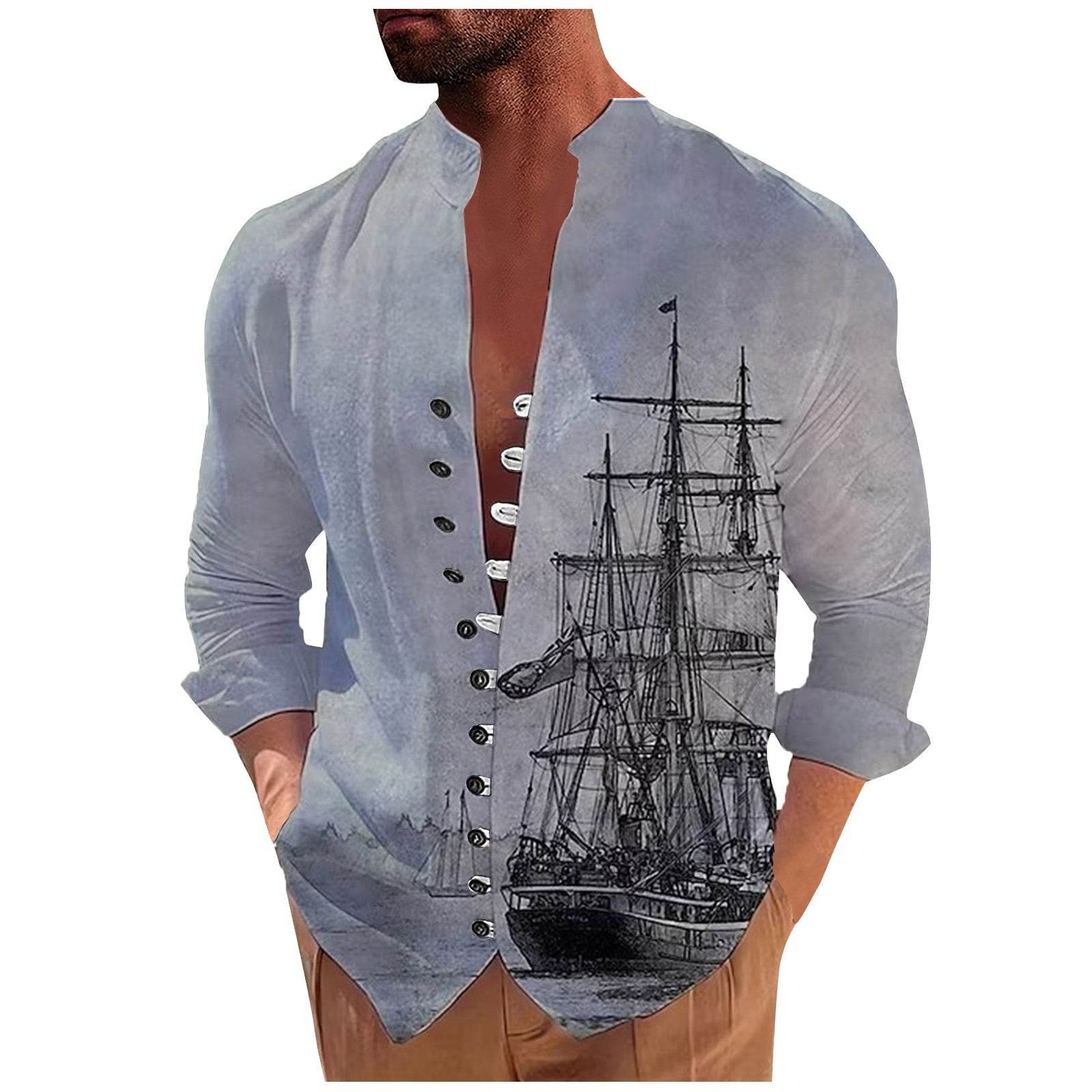 Men's Fashion 3D Vintage Print Sailboat Stand Collar Long Sleeve Button-down Shirt - Mubimart