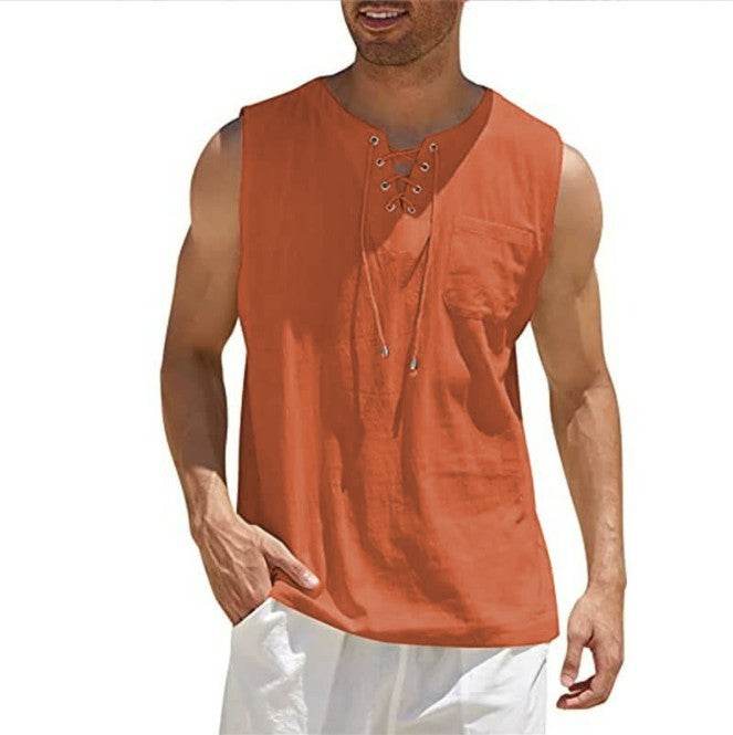 Summer Tank Vest Men Shirt Collar Tie Short Sleeve T-Shirt - Mubimart