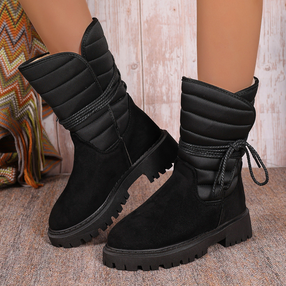 Fashion Mid-calf Snow Boots With Lace-up Design Winter Warm Thickened Low-heeled Boot Women's Casual Shoes Outdoor