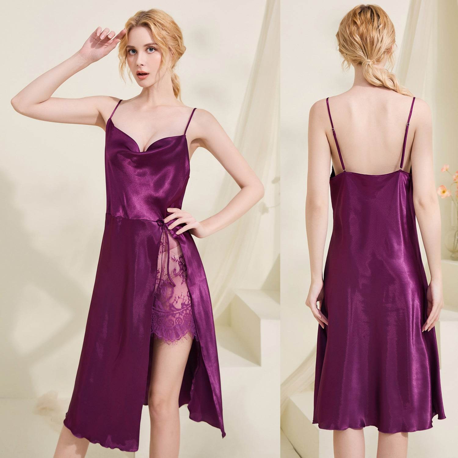 Cami Pajama Dress Women V-neck Sleepwear Ladies Loungewear - Mubimart