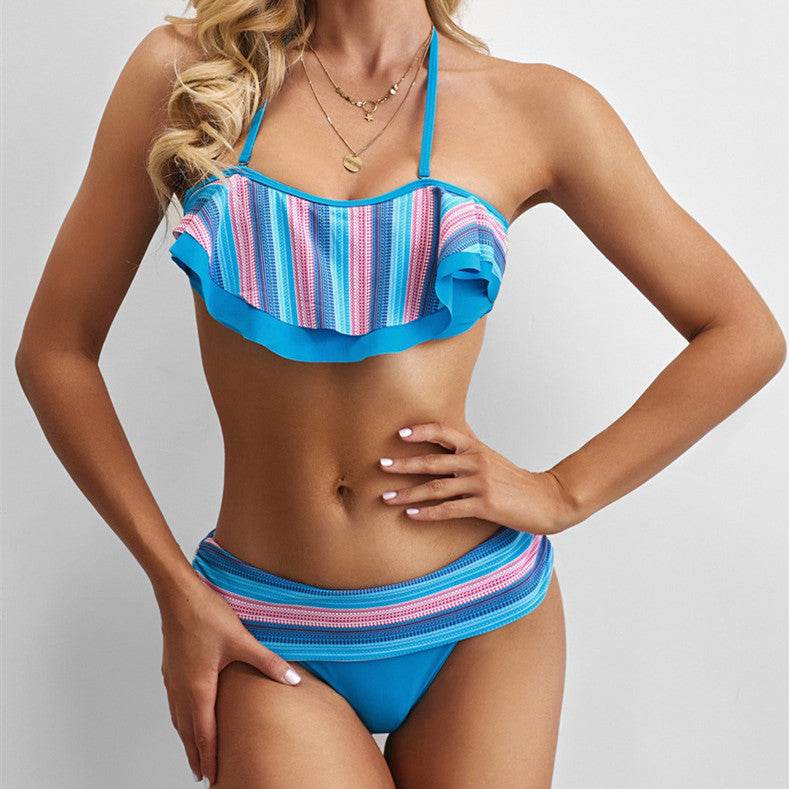 Shiying Halter Lace-up Swimsuit Striped Ruffled Blue Color Split Bikini - Mubimart