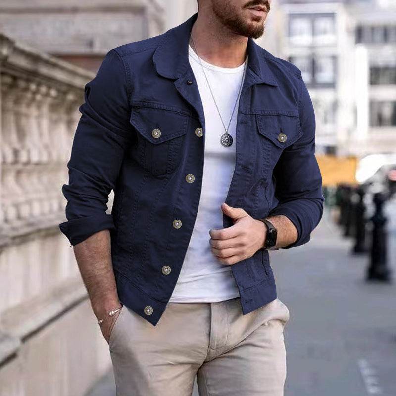 Mens Slim Fit Denim Lapel Jacket - Mubimart