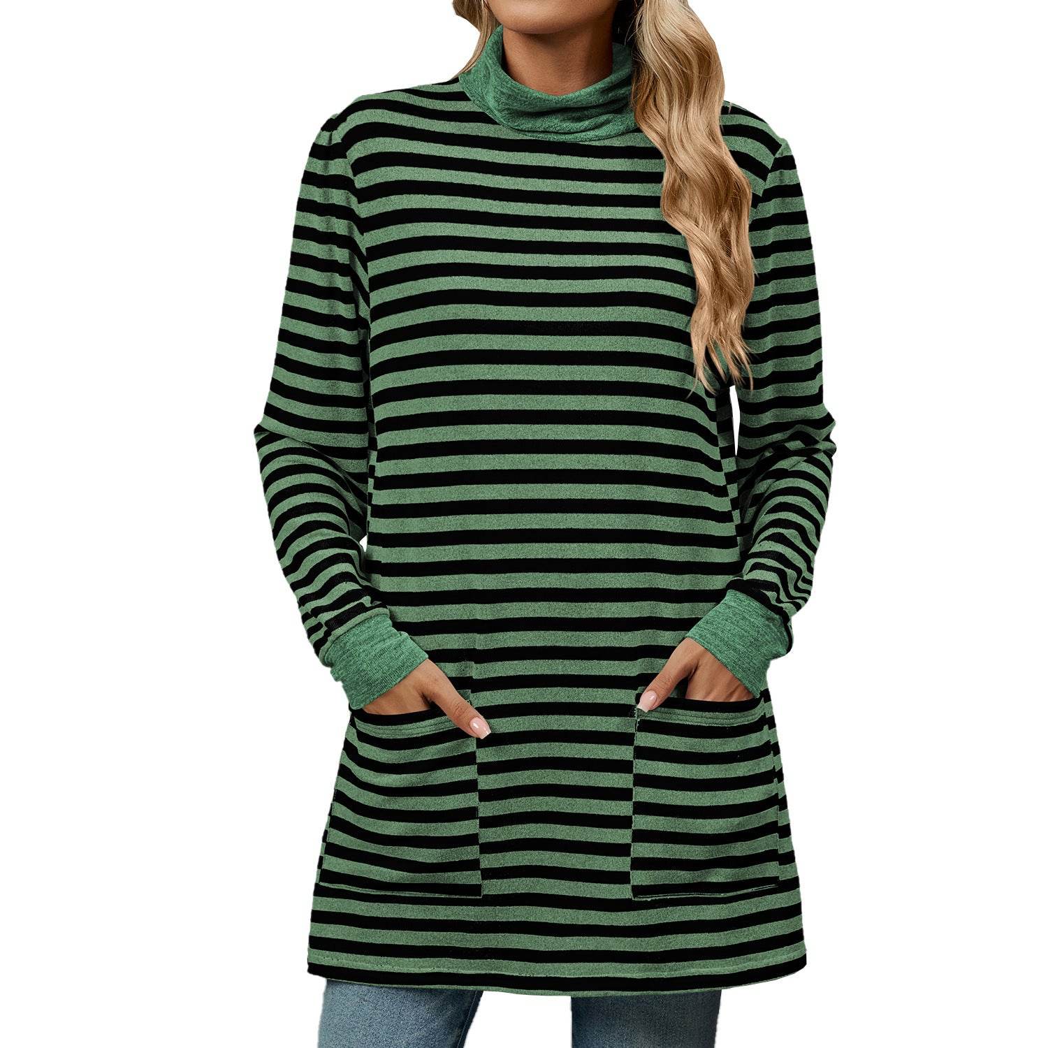 Fashion Striped Print Long Sweatshirt With Pocket Loose Long Sleeve Pullover T-shirt Top For Womens Clothing - Mubimart