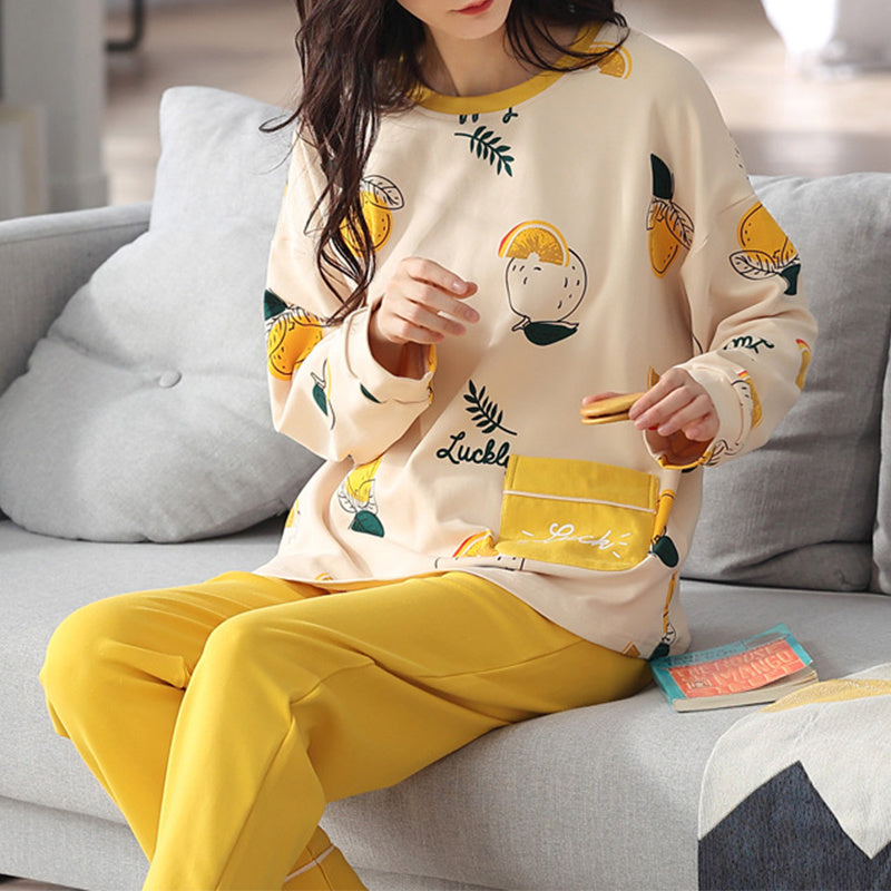 Loose Print Pajamas Women Autumn Winter Pyjama Set Long Sleeves And Trousers Elegant Sleepwear Girl Loungewear Home Clothes - Mubimart -  