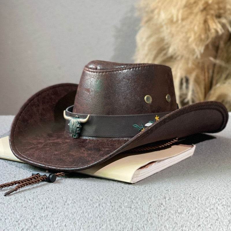 Wide Brim Cow Head Belt Embroidered Western Cowboy Hat Outdoor Tibetan Fedora - Mubimart