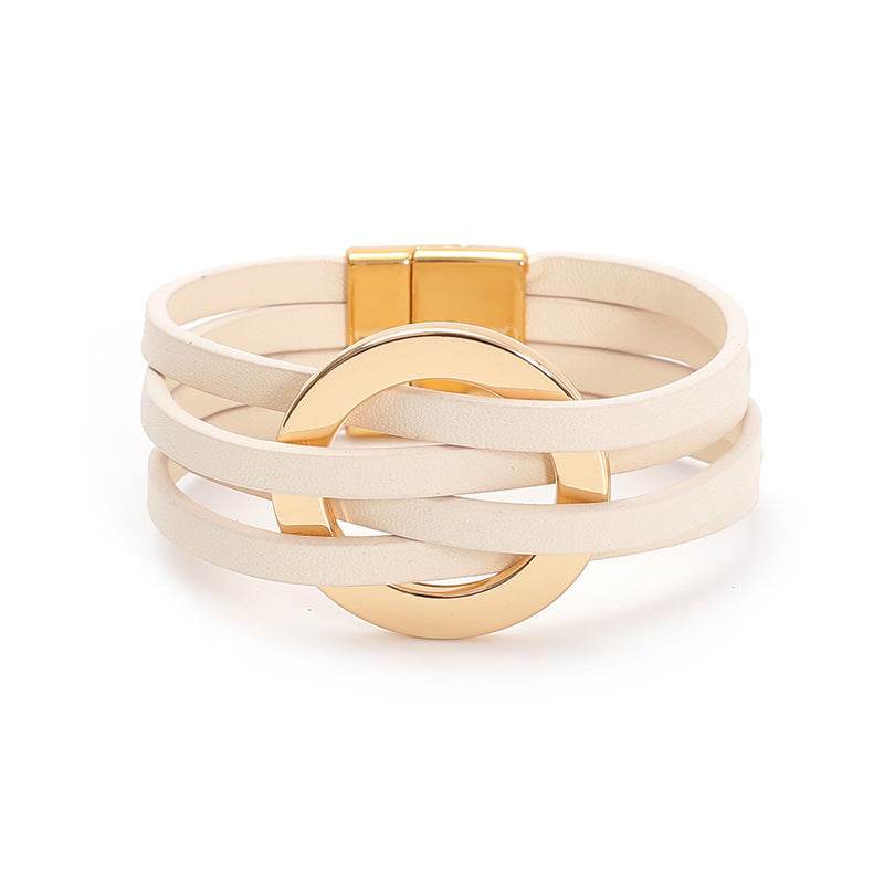 Cross Leather Women Bracelet Metal Big Ring Cuff Bangle Multi-layer Wristband Magnetic Snap Bangle - Mubimart