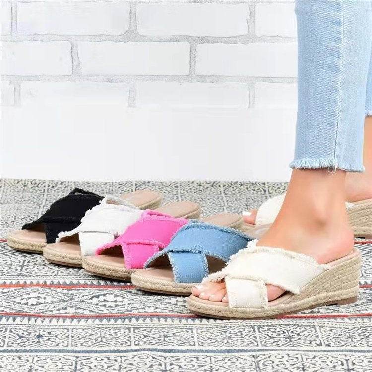 Women's Wedge Heel Espadrille Cross Strap Sandals - Mubimart