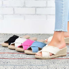 Dames sleehak espadrille sandalen met kruisbandjes