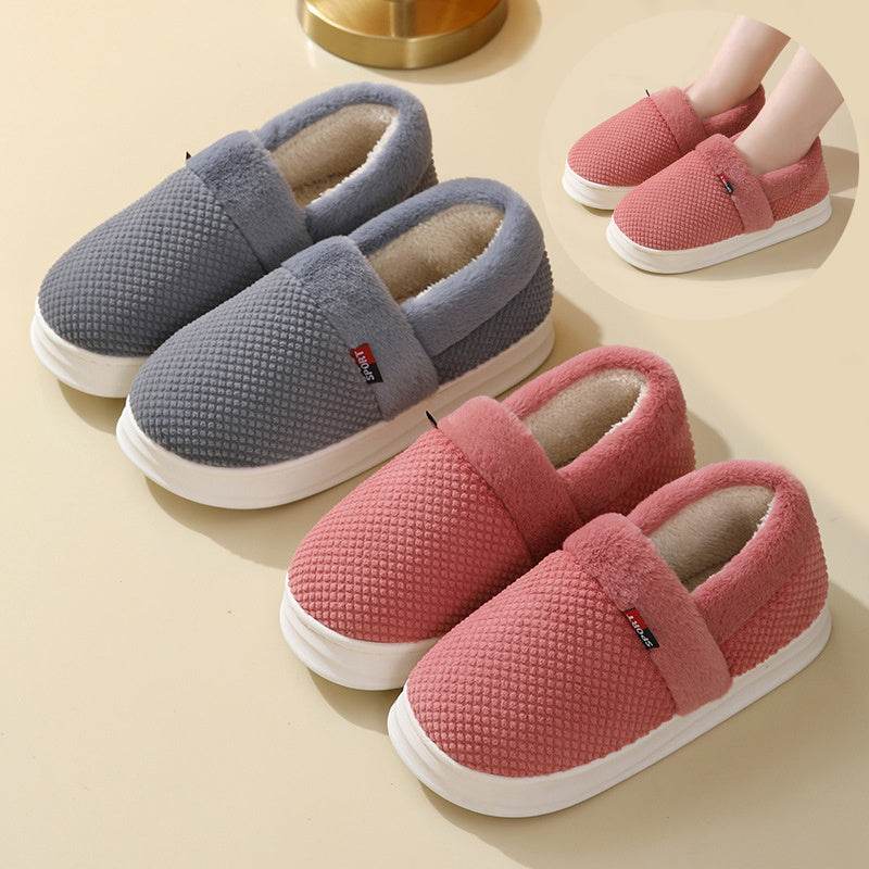 Men's Cotton Shoes With Heel Winter Warm Thick Sole Plush Slippers Women Indoor Garden Outerwear Plus Velvet Slipper For Couple - Mubimart