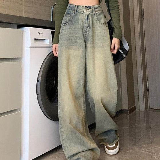 Retro Blue Distressed Wide-leg Jeans For Women - Mubimart