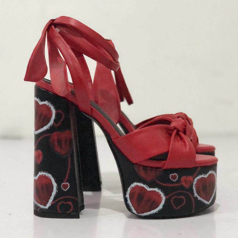 Summer Peep Toe Platform Thick Heel Bowknot Lace-up Super High Heels - Mubimart