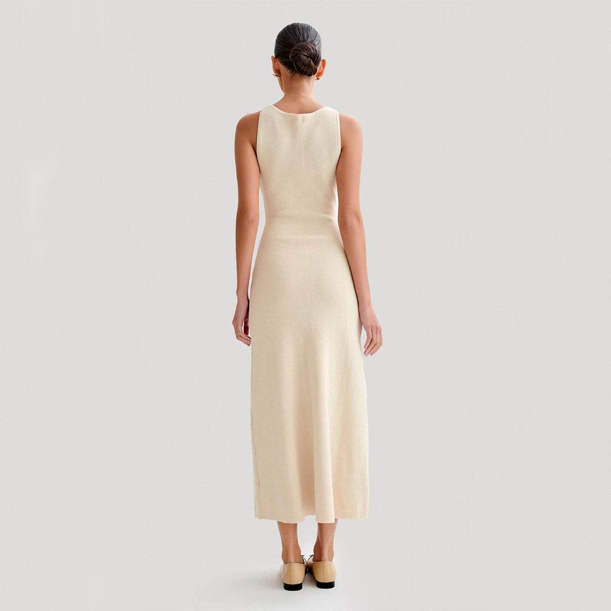 Elegant Knitted Sleeveless Dress With Single Breast Fashion Slim Round Neck Long Dresses Womens Clothing - Mubimart