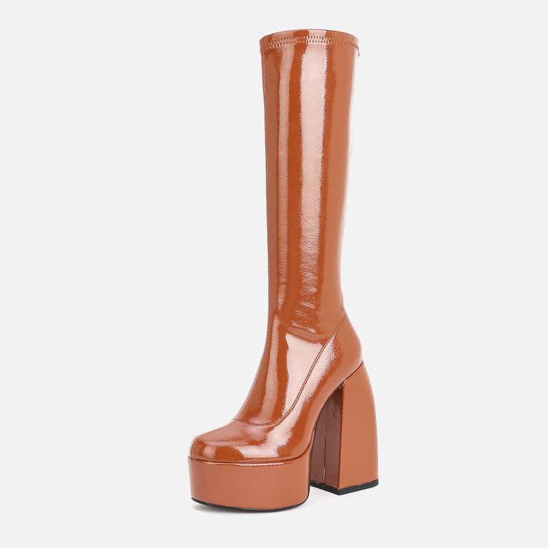 Tall Chunky Heel Round Toe Platform Stretch Boots Above Knee - Mubimart